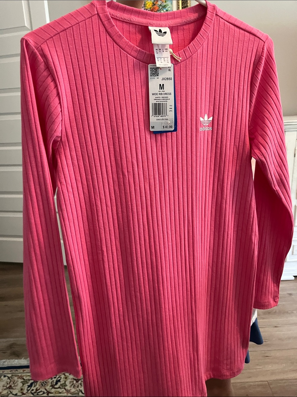 adidas Wide Rib Long Sleeve Dress in Pink Fusion